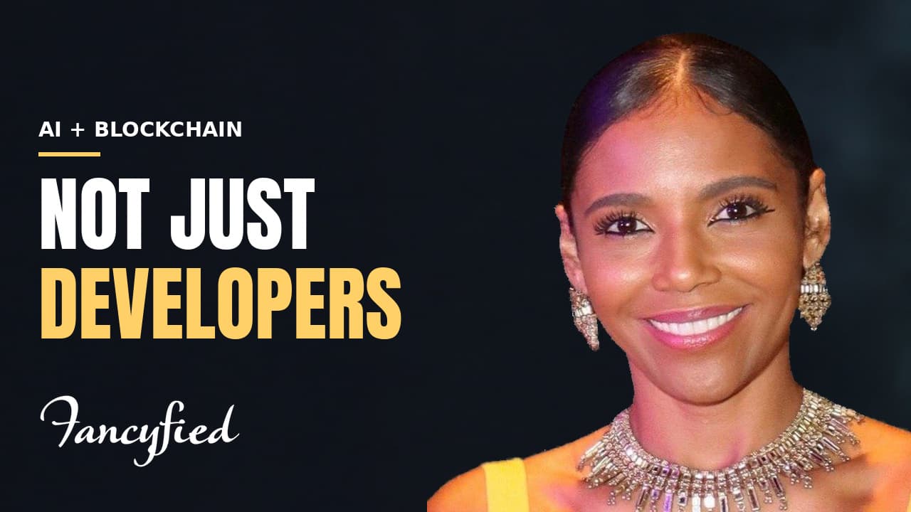 Editorial artwork for AI Agents, Blockchain & the Future of Work: Lisa Francoeur beside the headline “AI + Blockchain — Not just developers” and the Fancyfied logo
